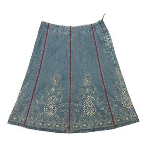 Liz Claiborne Embroidered Denim Red Jean Skirt Sz 2P 90s Y2K A-line Modest